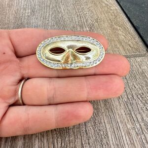 Vintage Jewelry Gold Tone Masquerade Mask Brooch Pin with Rhinestones